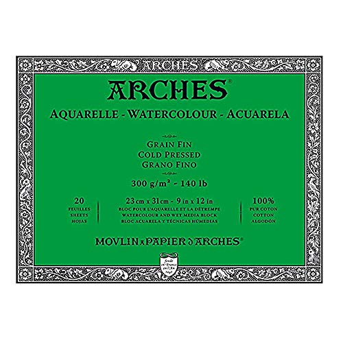 Arches Watercolor Block 9x12-inch Natural White 100% Cotton Paper - 20 Sheets of Arches Watercolor Paper 140 lb Cold Press - Arches Art Paper for Watercolor Gouache Ink Acrylic and More